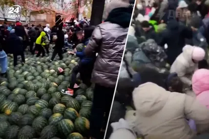 росіяни б’ються за безкоштовні кавуни. Скрін із відео
