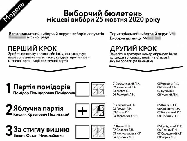 Зразок заповнення уявного бюлетеня, який продемонструвала громадянська мережа “Опора”.